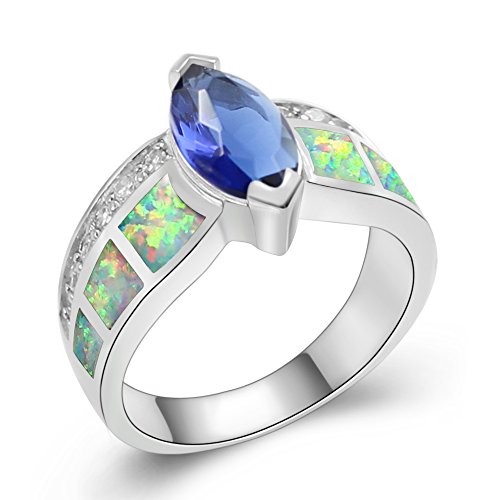 Sinlifu Silver White Opal Accent Blue Cubic Zircon Marquise Ring Wedding Band