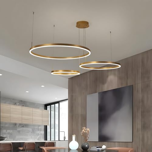 WayLuoung Metal LED Chandelier | 3 Circles 20+40+60cm | 45W Hanging Ceiling Light With Rings, Dimmable Remote Control 3000-6000K, Acrylic Lampshade Living Room Bedroom Foyer Dining Room【Gold】
