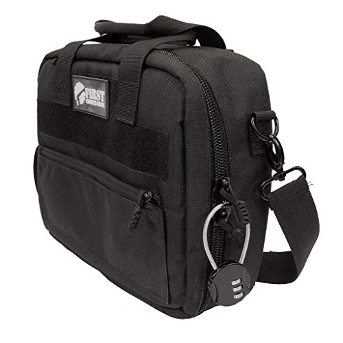 Pistol Case Range Bag for Handguns by FirstChoice Gear - 2 to 4 Gun Padded Tactical Handgun Shooting Soft Case, Lockable Zippers w/Padlock, 3 Mini-Holsters, 8 Mag Slots, 4 Pockets, Range Mat (Black)