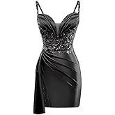 V Neck Satin Homecoming Dresses Mermaid Lace Short Porm Dress Pleated Bodycon Cocktail Dress with Tail