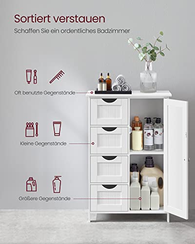VASAGLE Bathroom Cabinet, Slim Bathroom Cabinet, Wooden Side Cabinet, Chest of 4 Drawers, Cupboard, Door, Adjustable Shelf, Living Room, Kitchen, Hallway, Deep, Freestanding | LHC41W Side Cabinet Chest of Drawers with Cupboard Door Adjustable Shelf 30 x 55 x 82 cm White