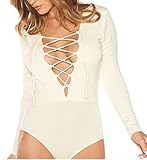 BeautyIn Women's Lace Up Bandage Tight Bodysuit Jumpsuit Leotard White