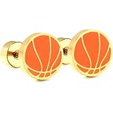 20g Basketball Gold Plated Flat Screw Back Small Stud Earrings for Men Women Minimalist Cute Surgical Steel White Enamel Sports Fan Lover Cartilage Piercing Sleeper Tiny Studs Hypoallergenic Birthday Gift for Bff Christmas 7mm