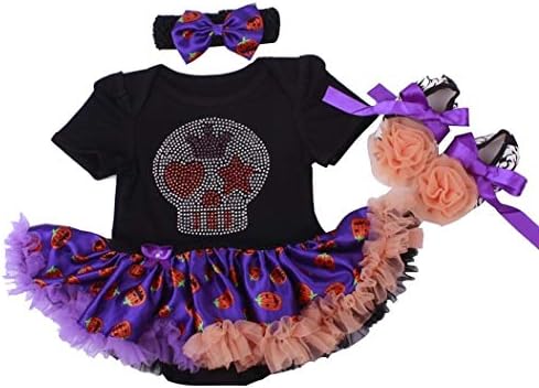 Summer Boutique Halloween Spooky Pumpkin Fancy Baby Toddler Girl's 3 PCS Romper Bodysuit Outfit Costume Tutu Skirt Hair Band Bow Ballerina Shoes: 0-24 Months