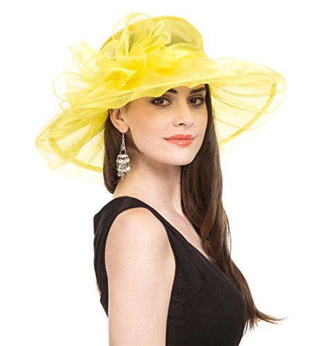Saferin Women Dress Organza Kentucky Derby Church Wedding Wide Brim Polyester Race Top Sun Protection Hat Yellow with Bowknot