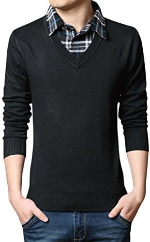 Pishon Men's V Neck Sweaters Fake Collar Sweater Casual Pullover Mens Knitwear