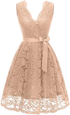 Vinvv Women's Short Vintage Floral Lace Dress V-Neck Sleeveless Belt Bridesmaid Party Cocktail Dress Champagne 2XL