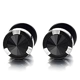 8mm Mens Black Stud Earrings Stainless Steel Illusion Tunnel Fake Ear Plugs with Black Spike Cz, 2pcs