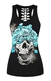 Shele Women's Skull Print Hollow Out T-shirt Crew Neck Plus Size Tank Top