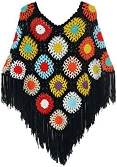 tinacrochetstudioCrochet Fringed Poncho Cape Shawls Wraps Granny Square Womens Coat Sweater