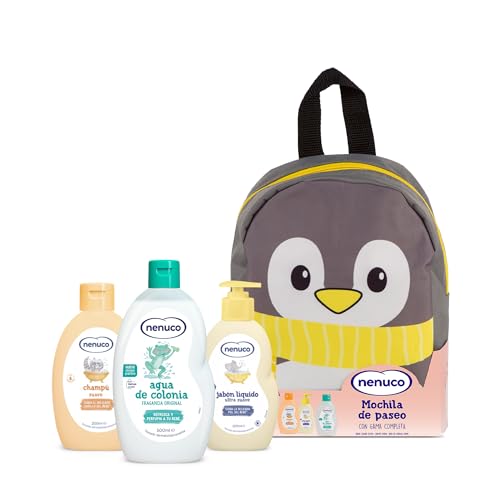 Pack Bebé Mochila de Paseo Pingüino, con Gama Completa, Colonia, Jabón, Champú, 3x200ml
