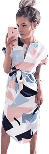 LitBud Womens Dresses Summer Short Sleeve Casual Work Belted Midi Tunic Dress for Ladies Pink