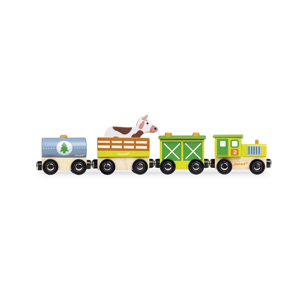 Janod - Farm Train Story Set - 5 Wooden Figurines - Make-believe toy - Farm Animals with Vehicles - Compatible with Rails already on the Market - Suitable for ages 2 and up - J08578