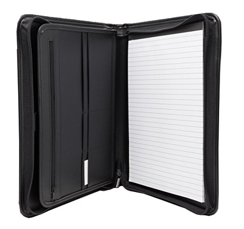 PU Leather Zipper Portfolio, designed for professional meetings and interviews, Padfolio with legal pad, business card slots, 10.1 inch tablet sleeve, and zipper pockets (-501)