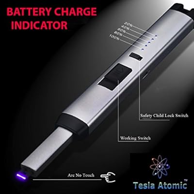 Tesla Atomic CANDLE LIGHTER WITH POWER INDICATOR - For Charcoal BBQ Grills, Candles, Campfires, Gas Stove, Fireplace, Pipes, Boating, Hiking, Tailgating, Camping, Survival. Windproof.100% electronic