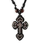 HZMAN Black Color Handmade Carved OX Bone Celtic Knot Cross Pendant Necklace Hemp Rope Resizable