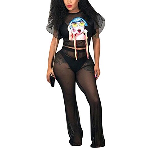 Womens Mesh See Through Bodycon 2 Piece Outfits Crop Top and Pants Set Jumpsuit Long Rompers Black S