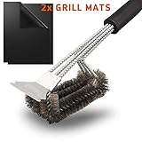 Beionxii Grill Brush Scraper BBQ Brush Bonus 2 Non-Stick BBQ Grill Mats 18” Stainless Steel Grill Cleaner With Triple Scraper Grill Cleaning Brush Grill Accessories Dishwasher Safe