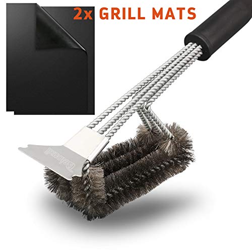 Beionxii Grill Brush Scraper BBQ Brush Bonus 2 Non-Stick BBQ Grill Mats 18” Stainless Steel Grill Cleaner With Triple Scraper Grill Cleaning Brush Grill Accessories Dishwasher Safe