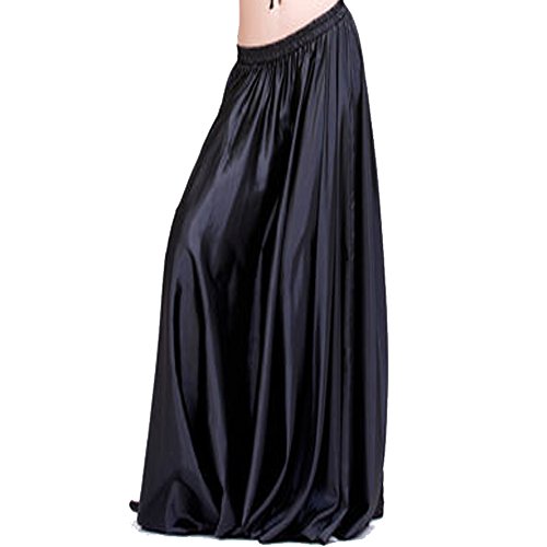 Ladies 90cm Satin Maxi Midi Skirt Long Dress Elastic Waist for Belly Dance Princess Party Cosplay Costume Black