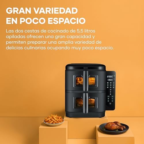 Duo Stack Freidora de aire caliente con 2 cestas de 5,5 litros cada una, cocina saludable, 9 programas automáticos, freidora sin grasa, diseño compacto, S-Fry, 2800 W, negro, FR 9598