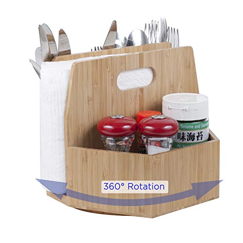 Bamboo Rotating Utensil Holder Portable Silverware Caddy, Condiment