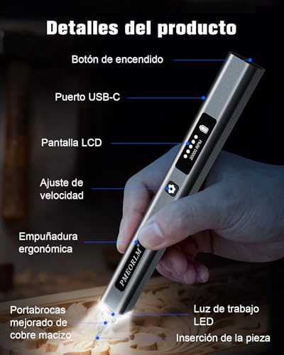 vueowcue Engraving Pen - Electric Engraving Pen with LCD Display, LED Light, 5 Speeds, 30+ Accessories and Fast Charging USB-C Portable Wireless Tool (Grey)