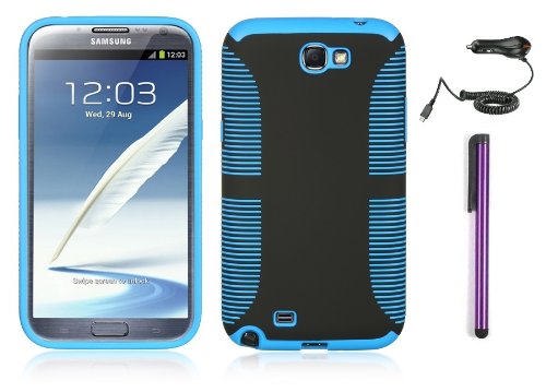 Premium Two Layer Hybrid Protector Cover Ez Grip Case for Samsung Galaxy Note 2 with Purple Stylus Pen and Phone Stand, Car Charger (Blue)