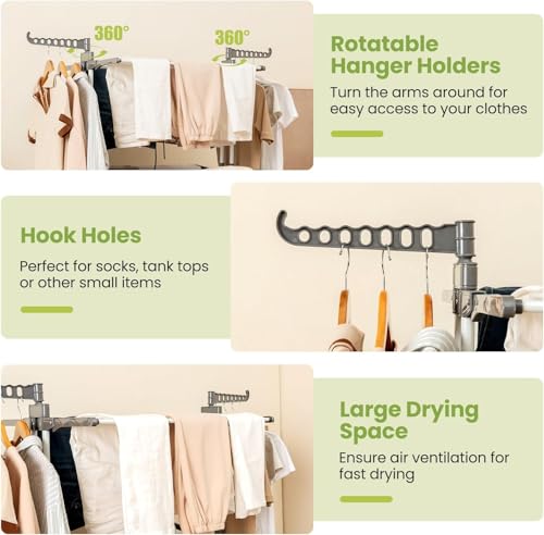 Toworld Clothes Drying Rack Folding 4 Tier Clothes Horses Rack Stainless Steel Laundry Drying Rack with 2 Adjustable Side Wings, Space Saving Free-Standing Dryer Stand for Clothing
