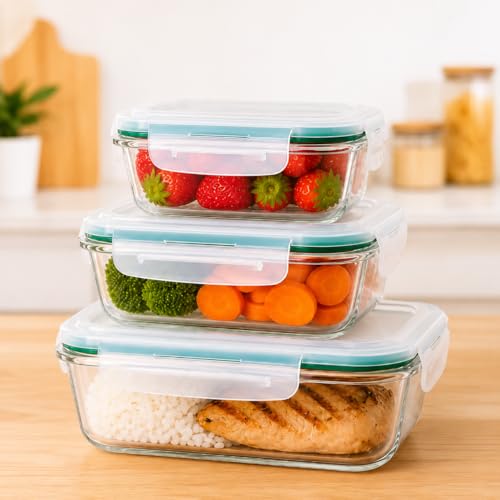 Kit 3 Potes Herméticos de Vidro com Tampa Vedação Silicone 370ml 640ml 1040ml – Livre de BPA, Vai ao Forno, Micro-ondas e Lava-louças Organizador