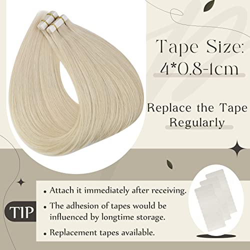 Full Shine Fashion Tape Hair Extensions Real Human Hair Couture Short 12 Inch Color 60 Platinum Blonde Tape in Remy Extensions 20 Pieces 30G Full Thick Ends Hair Piece for Invisible Tape Extensions