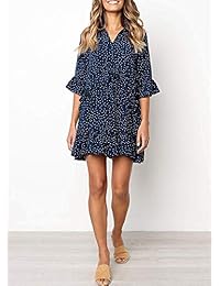 Chvity - Vestido corto de manga acampanada con cuello en V y lunares para mujer