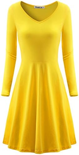 Yomilin Women's Long Sleeve V Neck Casual Flared Midi Dress Yellow-1 S