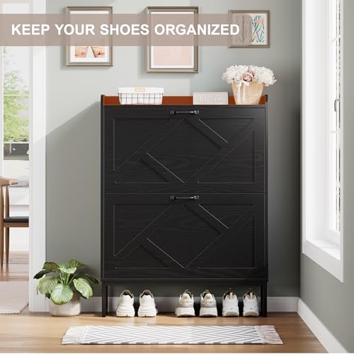 Nicetree Shoe Cabinet with 2 Flip Drawers, Narrow Shoe Storage Cabinet with Metal Legs, Freestanding Slim Shoe Organizer Cabinet for Entryway, Hallway, Foyer, Black