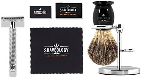 Shaveology Griffin Series Closed Comb Safety Razor and Silvertip Badger Hair Shave Brush and Stand Bundle - Makes the Best Gift Ever