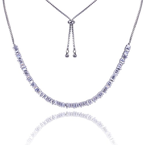 Popular AAA Cubic Zirconia Baguette Choker Necklace for Women Adjustable Length (WHITE GOLD C)