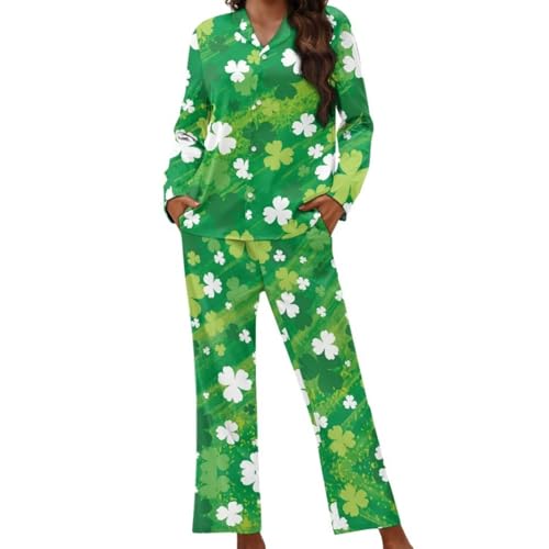 Reanaysto St Patricks Day Pajamas Set Green Leaf Print Loungewear Classic V-Neck Long Sleeve Sleepwear Soft Lightweight Nightwear at Amazon