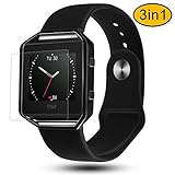 For Fitbit Blaze Bands 3 in 1 Watch Wristband Strap Soft Silicone Replacement, Protective Case Cover Black Frame with Screen Protector,Smart Fitness Watch Classic Bracelet for Men Women, Black