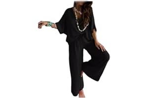 TAKEBERNY Women’s Casual Loose Solid Color Suit, Two Piece Sets For Women, V-Neck Womens Lounge Set, Pant Sets For Women
