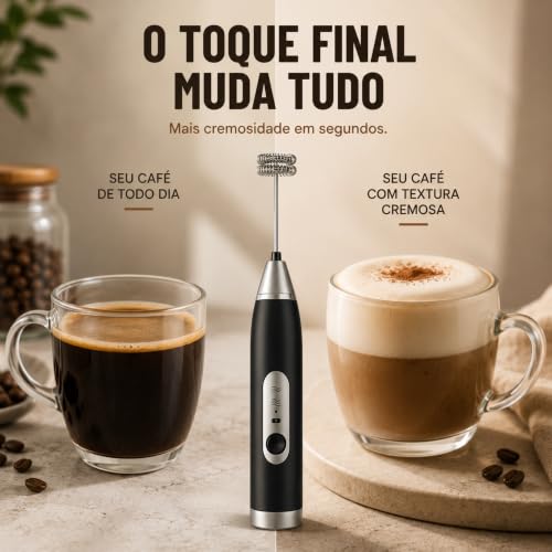 Mini Mixer Portátil USB Recarregável | Espumador de Leite e Café, Batedor de Ovos, Whey e Outras Bebidas, 3 Velocidades