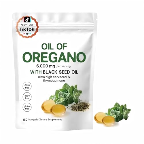 Oil of Oregano Softgels 6000mg Per Serving, 2 in 1 Formulated with Black Seed Oil 200mg, 4X Strength Carvacrol & Thymoquinone | Plant Based, Non-GMO & Immune Support (180 Count/1 Bag)