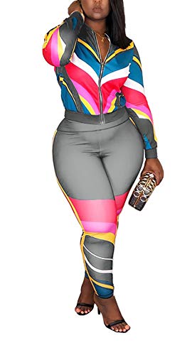 Women's Floral Print 2 Piece Set Open Front Zipper Jacket and Skinny Long Pants Plus Size Tracksuit - Thumbnail 2