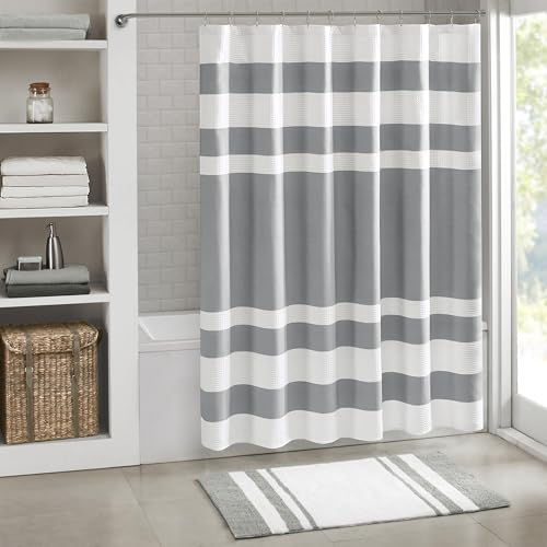 Madison Park Shower Curtain Waffle Weave Striped Pieced Design Fabric Shower Curtains for Bathroom with 3M Scotchgard Moisture Management Premium Spa Quality Modern Standard 72x72 Grey