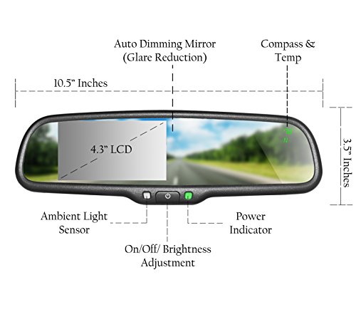 Master Tailgaters OEM Rear View Mirror with Ultra Bright 4.3" Auto Adjusting Brightness LCD + Auto Dimming Mirror + Compass & Temperature - Rearview Universal Fit