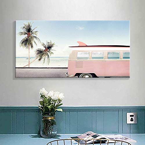 Beach-Picture-Coastal-Wall-Art-Pink-Car-with-Surfboard-Artwork-Seaside-Palm-Painting-Print-on-Canvas-for-Living-Room-40-inch-x-20-inch-x-1-Panel Beach Picture Coastal Wall Art: Pink Car with Surfboard Artwork Seaside Palm Painting Print on Canvas for Living Room…