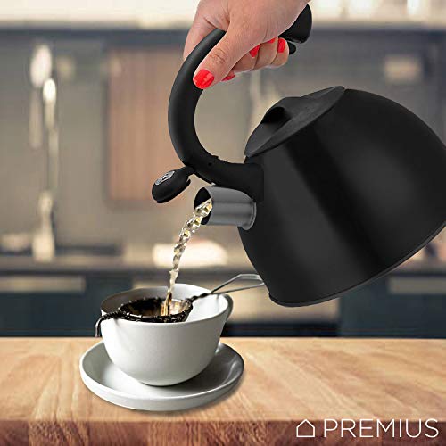STAINLESS STEEL WHISTLING TEA KETTLE By Premius, Durable Construction And Elegant Design, Cool Touch Grip Handle And Lid, Pleasant Sounding Whistle, Stovetop Teakettle, 3.2 Quarts (Black)