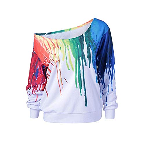 JOFOW Womens Sweatshirt,Splash Spray Colorful Rainbow Print Cold Off Shoulder Shirt Casual Long Sleeve Loose Tops (M,White-1)