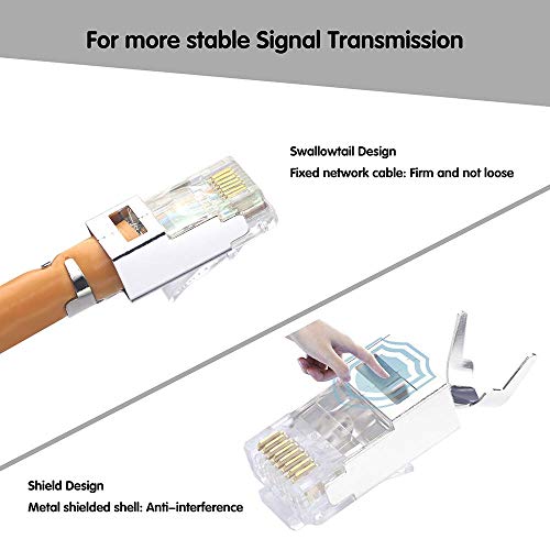 VCELINK CAT6A Connector, RJ45 Connectors Pass Through CAT6A CAT7 Shielded, UL-Listed 3-Prong Gold Plated, CAT7 Connector with Strain Relief Boots (RJ45 Connector-Transparent, Orange, 30-Pack)