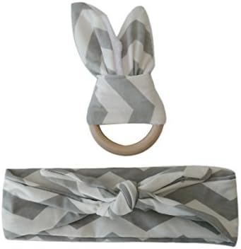 #1 Teether Natural Wooden Baby Ring With Minky Fabric Bunny Ears (GreySET)