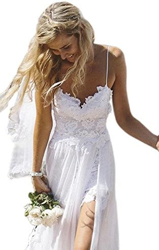Vampal White Spaghetti Strap Lace Embellished Side Slit Beach Wedding Dress 12 White